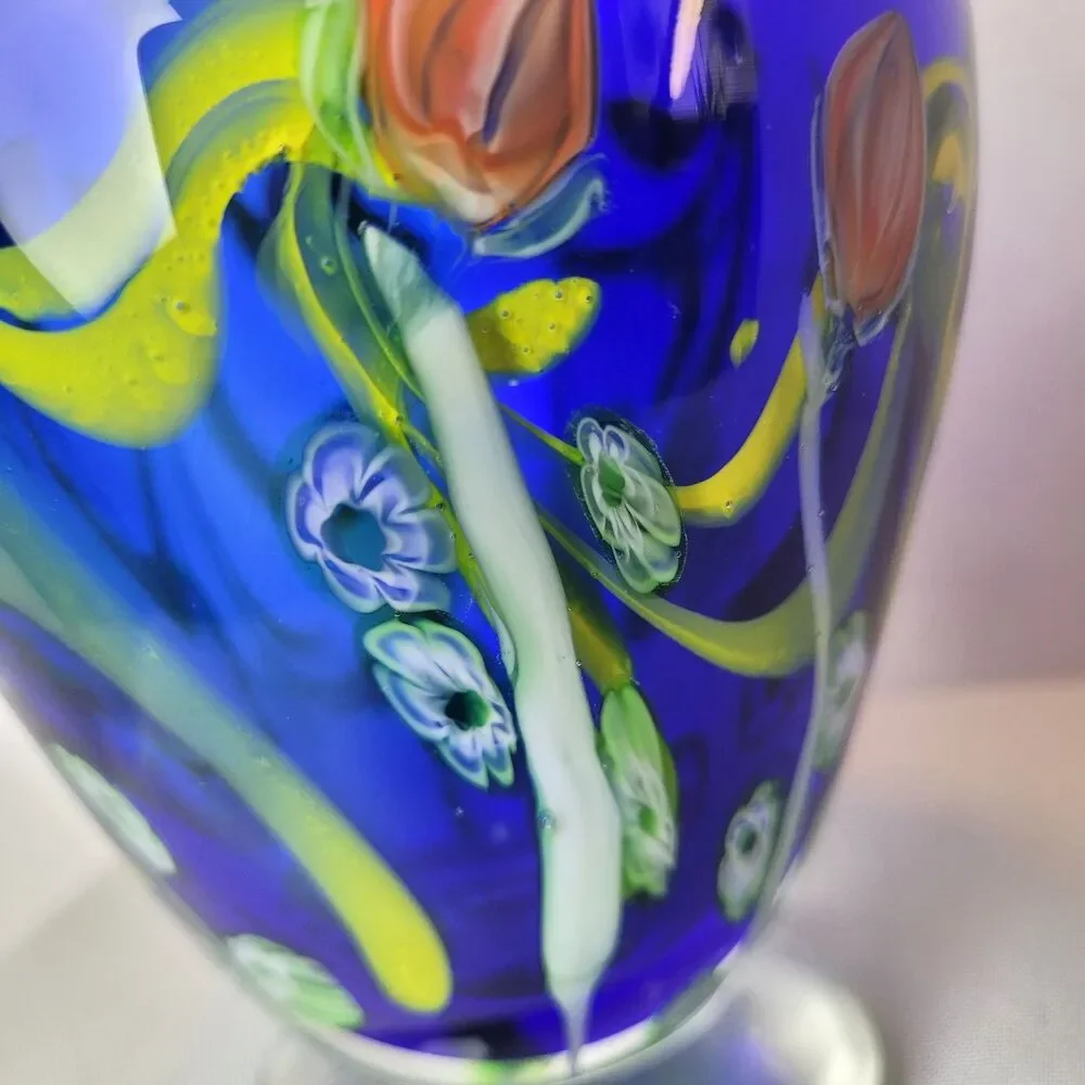 Kusak Art Glass Paperweight Pedestal Vase Cobalt Blue with Cased Flowers 5.5”
